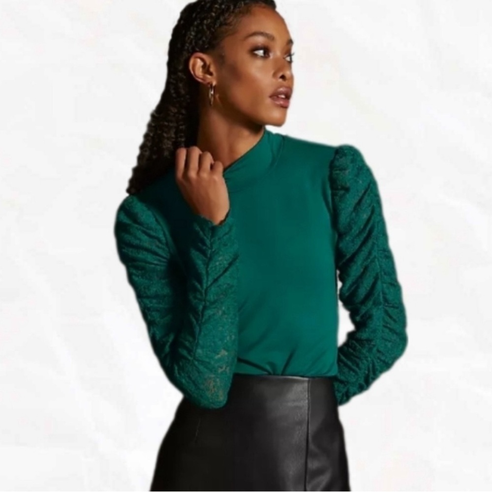 Anthropologie Maeve Ruched Lace Long Sleeve Top Mock Turtleneck Emerald Green S